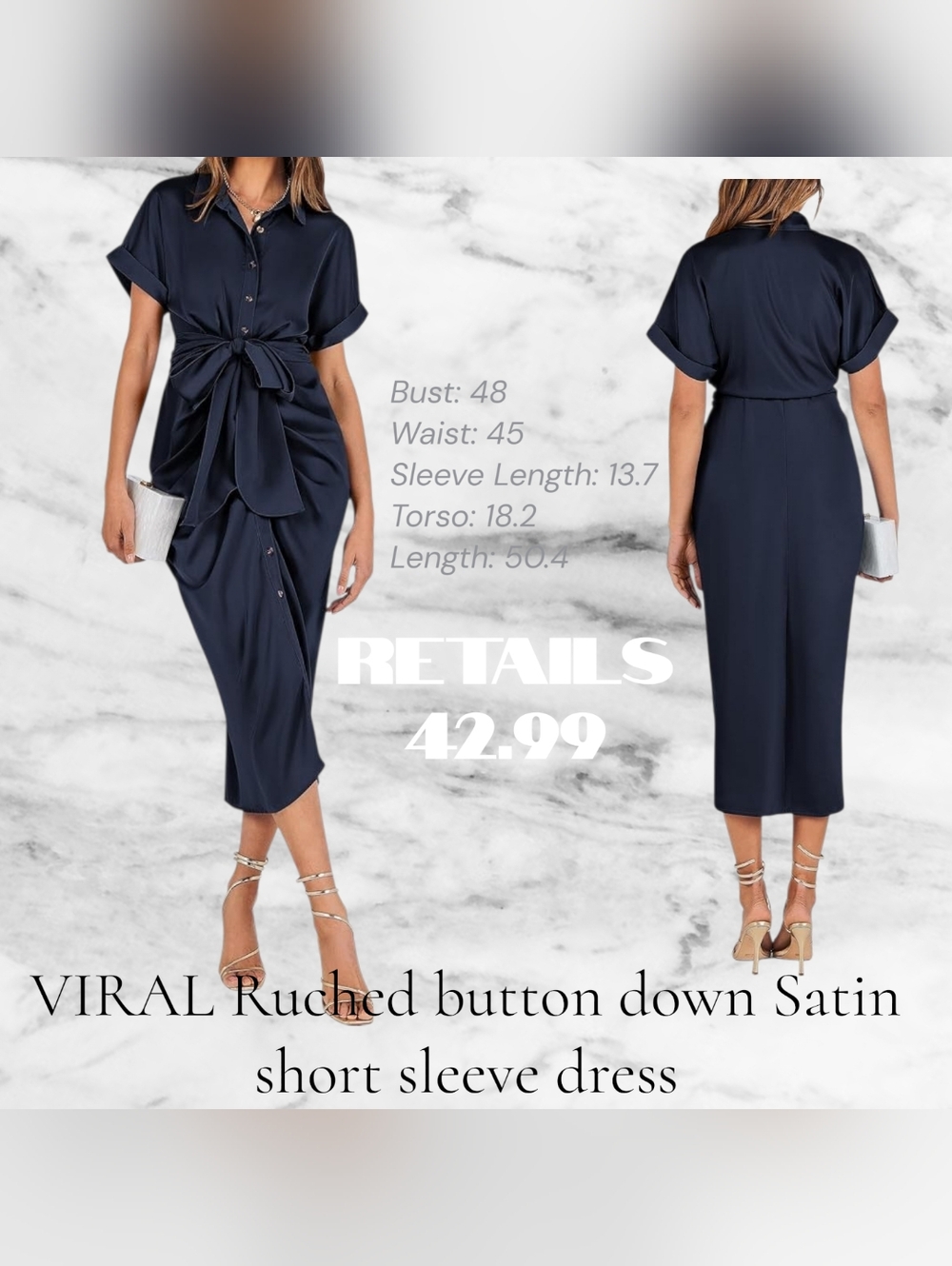 Satin Navy Short-Sleeve Button Down Maxi Dress
